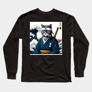 Vaporwave Samurai Cat Great Wave Off Kanagawa Long Sleeve T-Shirt